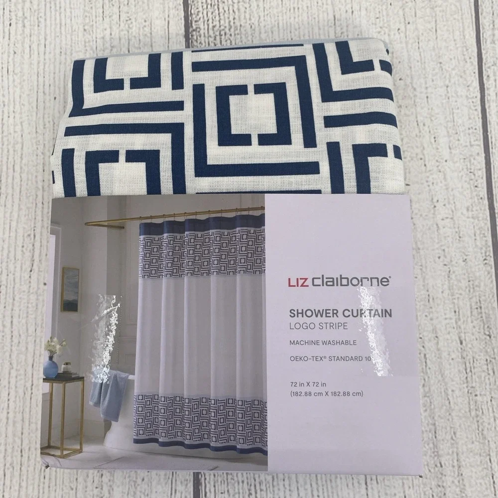 Liz Claiborne Shower Curtain White Navy Blue Logo Stripe Geometric 100% Cotton